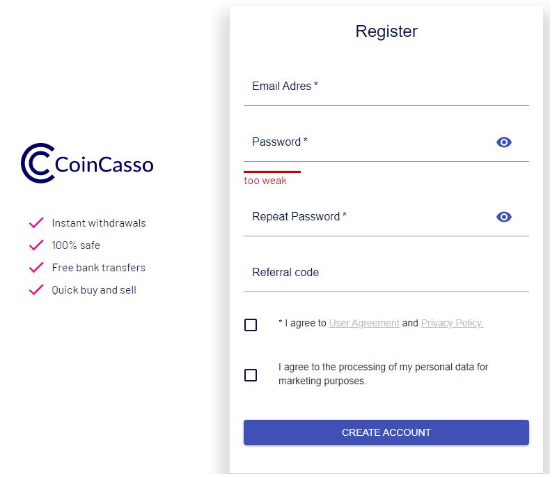 Quy trình đăng ký CoinCasso