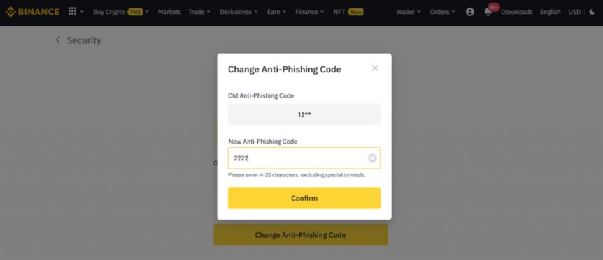 Chọn Đổi Anti-phishing code