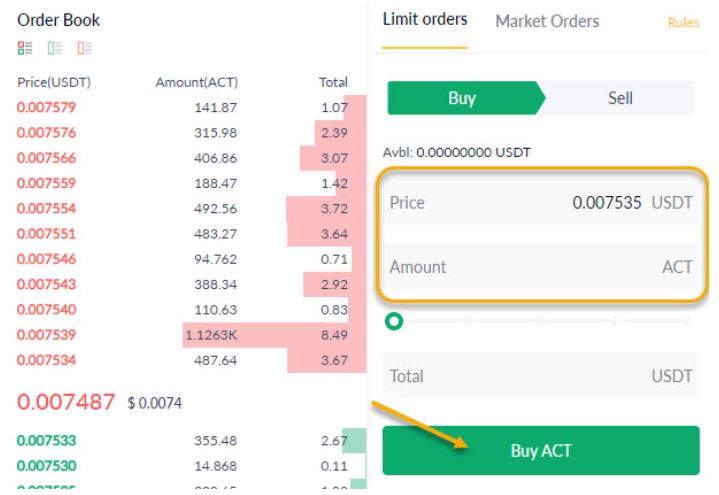 Điền giá và khối lượng vào, click Buy ACT.